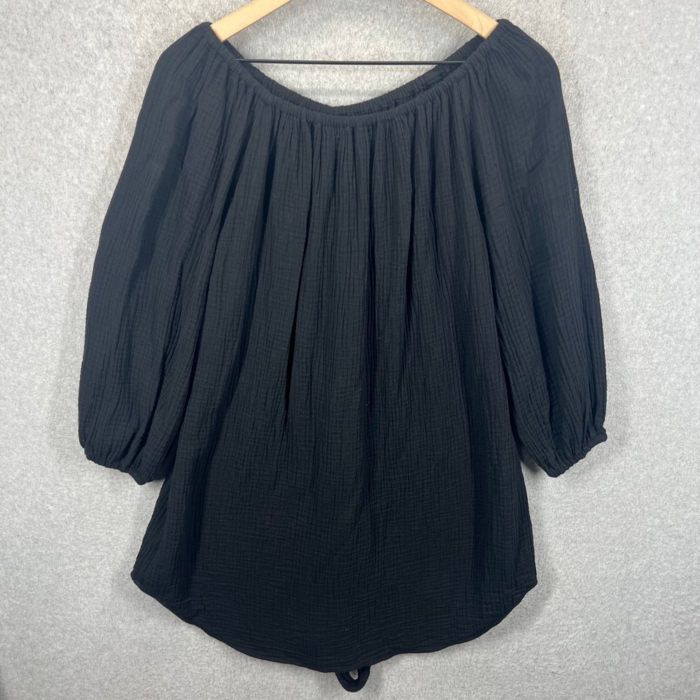 Seafolly Blouse Women XS Black Cotton Gauze‎ Off Shoulder Tie Waist EUC